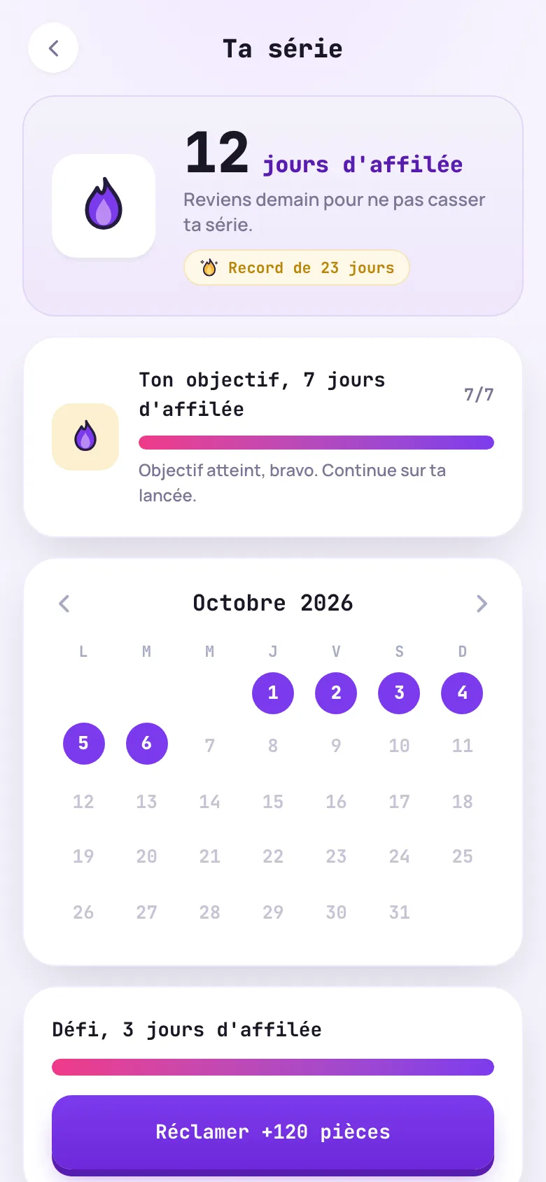 La série de jours d'affilée et le calendrier du mois dans Indexatio